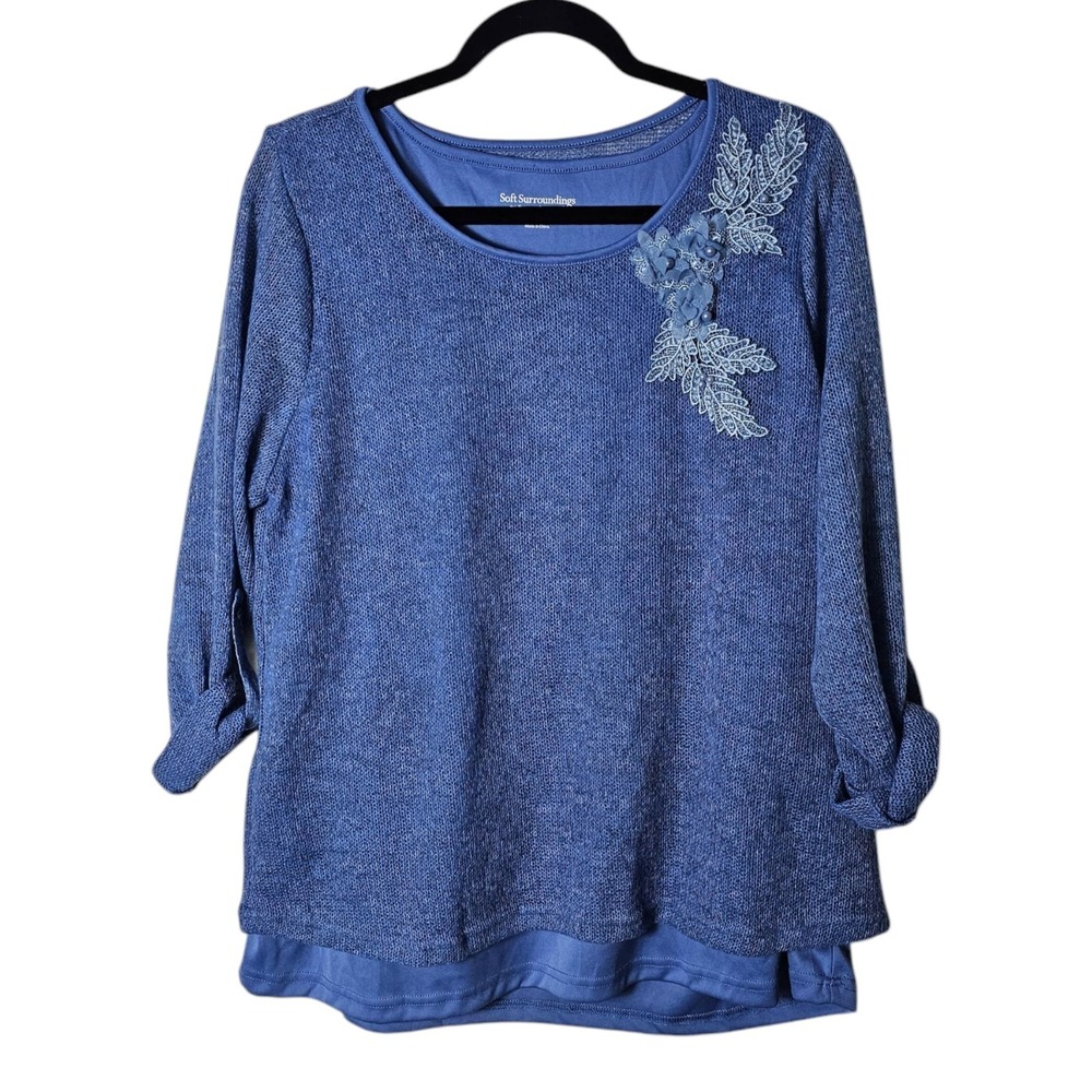 Soft Surroundings 1X Tunic Sweater Round Neck Florets Beaded 3/4 Sleeve Boho